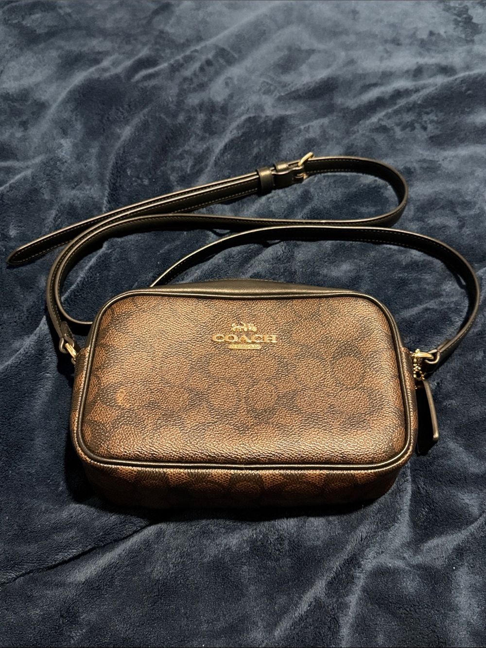 Coach Brown Signature Camera Crossbody with Gold Hardware